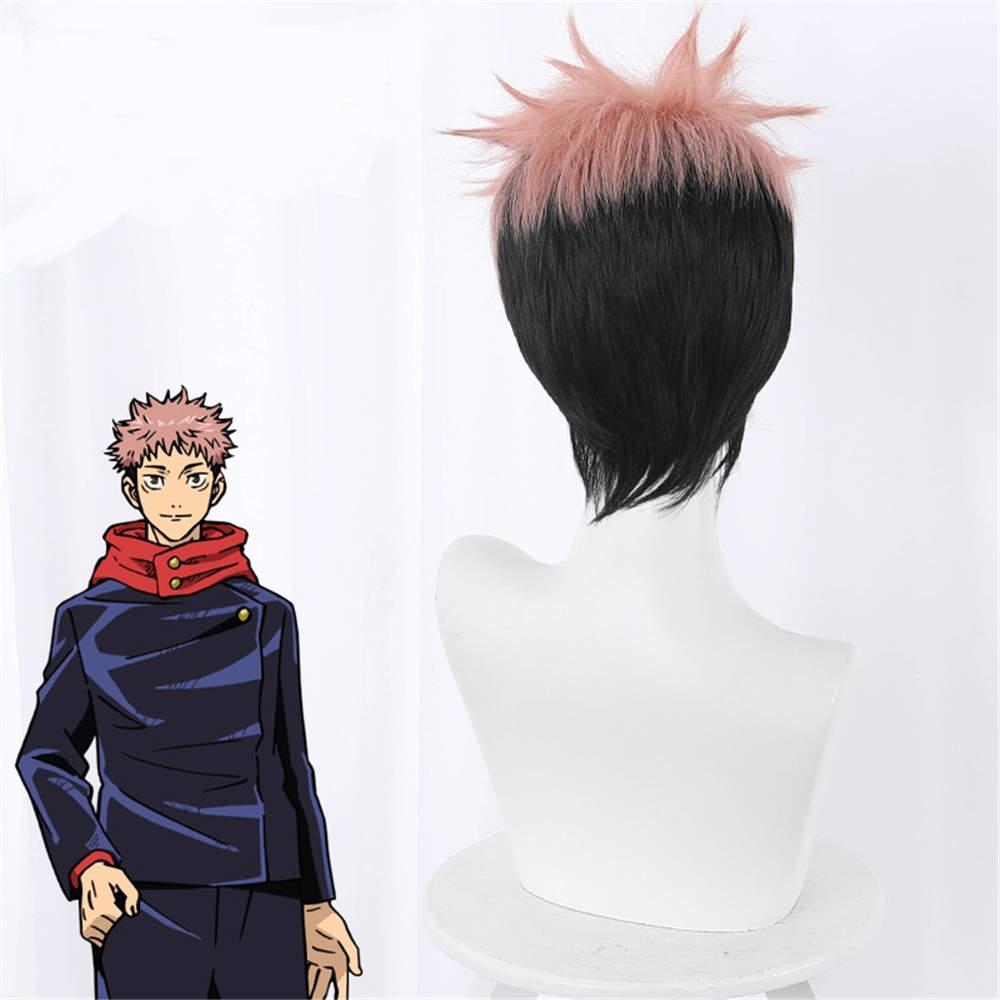 Anime Jujutsu Kaisen Cosplay Hair Yuji Itadori Wig + Free Wig Cap Color Pink Black Short Wigs -Takerlama