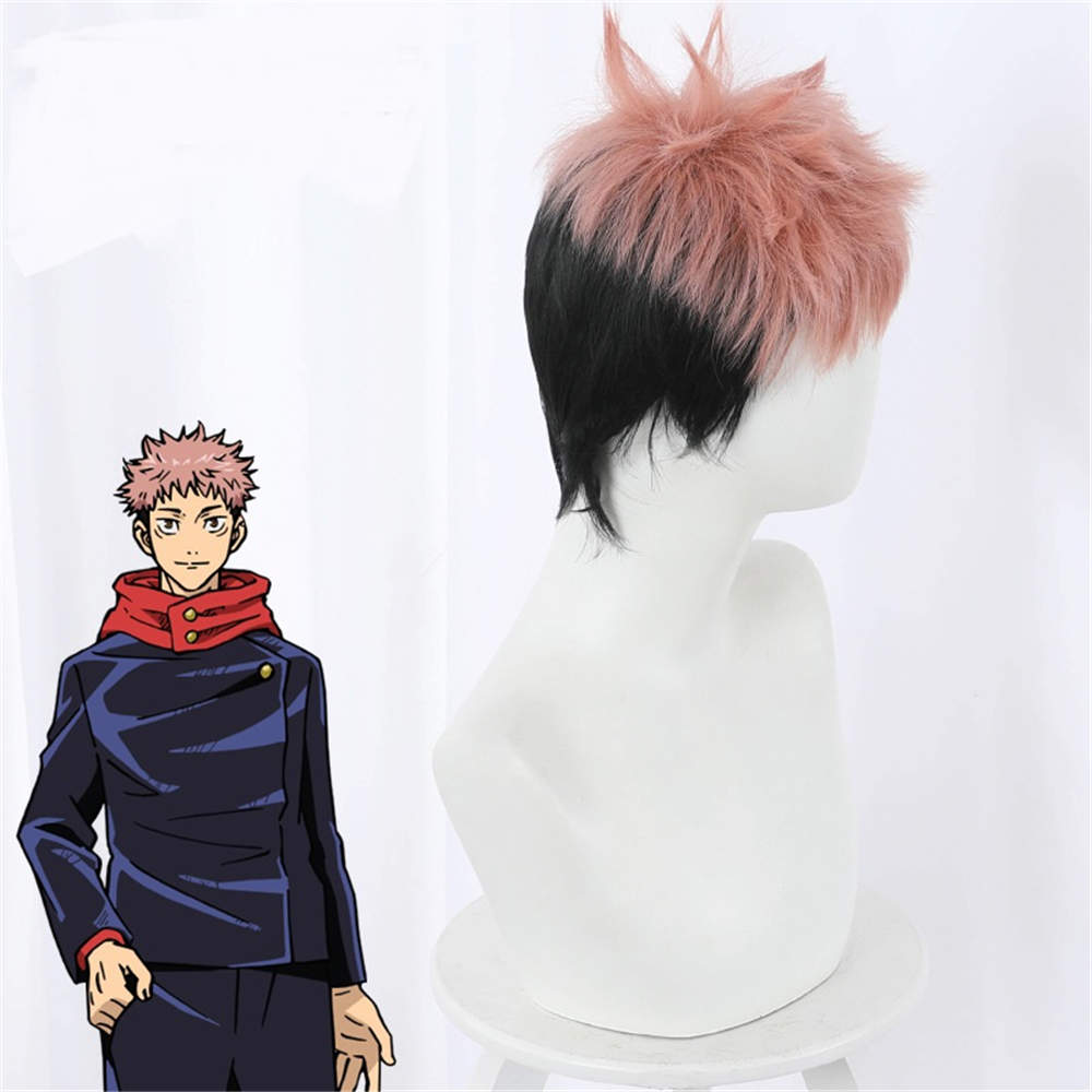 Anime Jujutsu Kaisen Cosplay Hair Yuji Itadori Wig + Free Wig Cap Color Pink Black Short Wigs -Takerlama